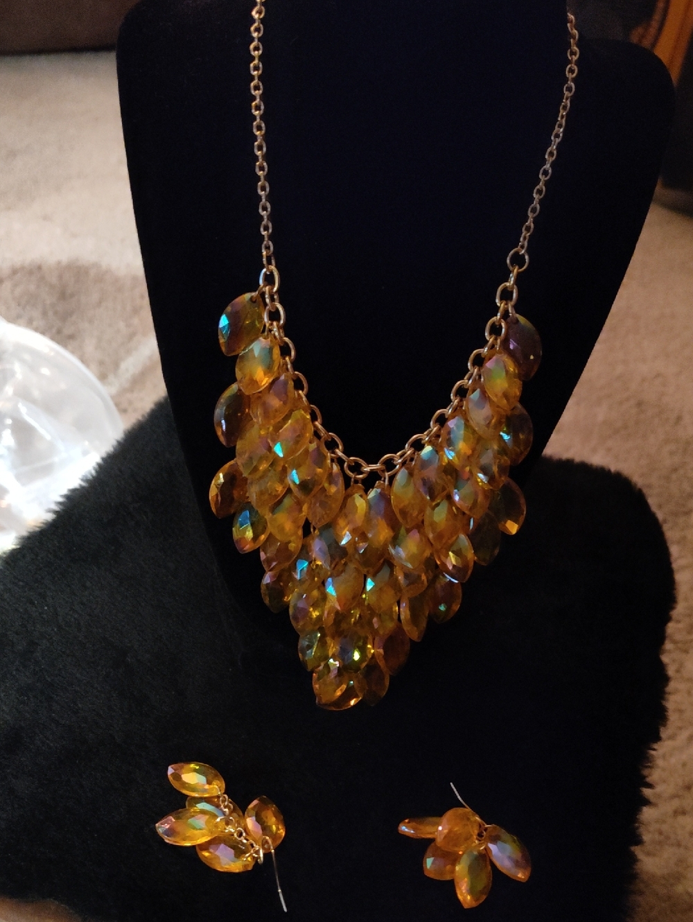 Gold-Tone Citrine Teardrop Statement Necklace and Earrings Set